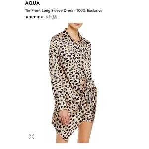 AQUA Leopard Animal Print Mob Wife‎ Satin Tie Front Long Sleeve Shirt Dress XS